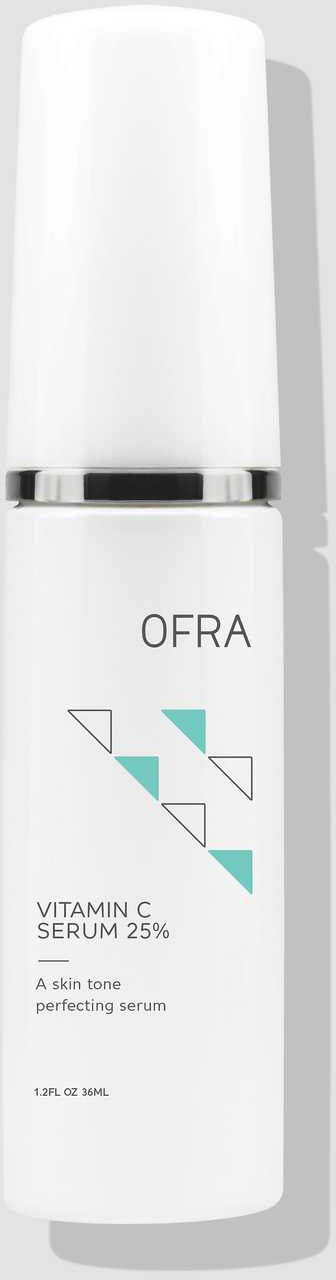 En hvit flaske med sølmband, merket OFRA Vitamin C Serum 25% for huden. Det er et hudpleieprodukt.
