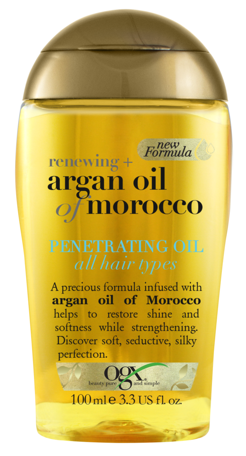 Eine gelbe Flasche mit goldener Kappe enthält Arganöl für Haare, fördert Glanz und Weichheit, geeignet für alle Haartypen.