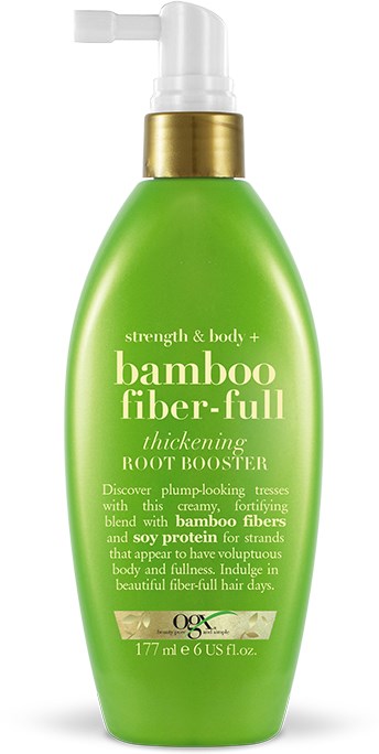 Grønn flaske med pumpe for bambufiber og soyaprotein hårprodukter som gjør håret tykkere.