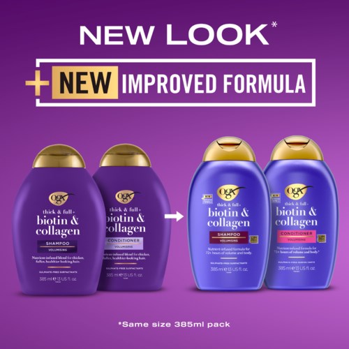 Neue Shampooflaschen für Biotin und Kollagen, zeigen einen Wechsel von alter zu neuer Verpackung mit verbesserter Formel.