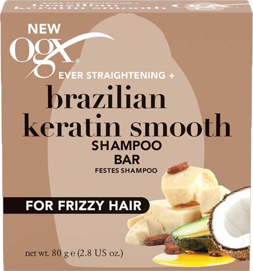 Förpackning med Brazilian Keratin Smooth schampobar för frissigt hår, med kokos och andra naturliga ingredienser, väger 80 g.