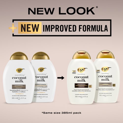 Vier Flaschen Kokosnussmilchshampoo und -conditioner mit neuer verbesserter Formel und neuem Design.