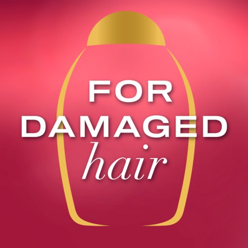 Ein Logo mit rosa Hintergrund, zeigt eine goldene Haarflasche Umriss und Text für geschädigtes Haar.