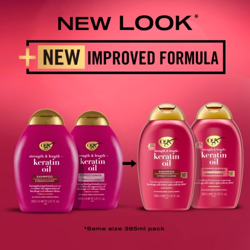 Shampoo- und Conditioner-Flaschen mit neuer verbesserten Formel, größerer Größe, rosa und goldener Verpackung, und neuem Design.