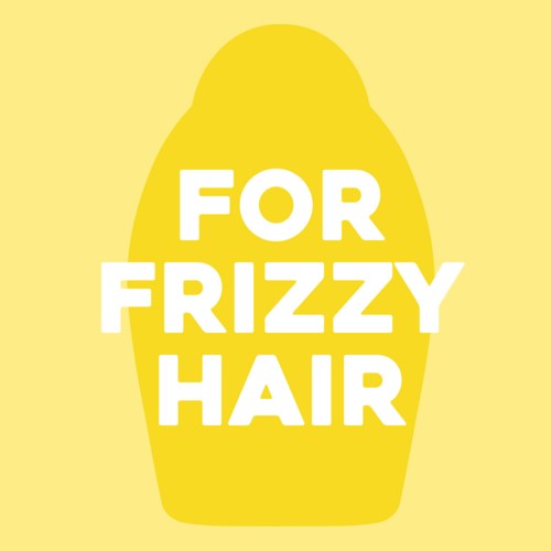 En lys gul flaskeformet logo med fet hvit tekst som sier, "FOR FRIZZY HAIR."