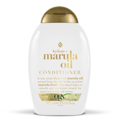 White bottle with a gold cap, labeled as Marula Oil Conditioner, featuring gold and green accents and product details.