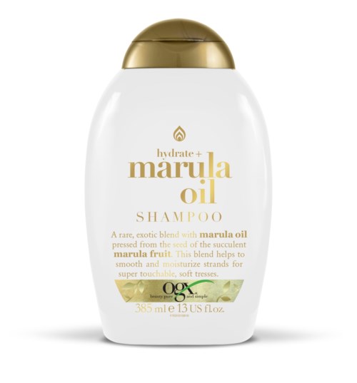 A white shampoo bottle with a gold cap, labeled 'hydrate+ marula oil shampoo,' containing 385 ml of product.