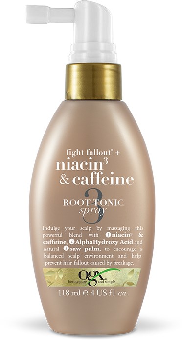 En beige flaska med pump, guldband och etikett som marknadsför en tonic-spray med niacin, koffein och hårbottenfördelar.