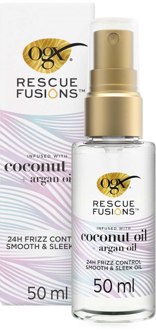 En lille flaske med hårolie med en gylden pumpe, mærket 'Rescue Fusions' og 'kokos- og arganolie.'