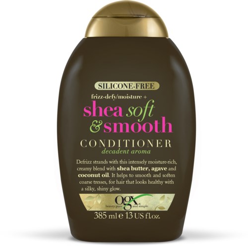 En mörk flaska med Shea Soft & Smooth balsam med guldlock, märket visar att den är silikonfri och återfuktande.