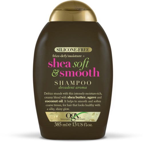 En schampo-flaska med guldlock, svart kropp, märkt 'Shea Soft & Smooth', understryker att den är silikonfri och återfuktande.