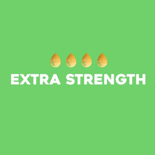 Bildens innehåll visar fyra guldcirklar ovanför texten 'EXTRA STRENGTH' på en grön bakgrund.