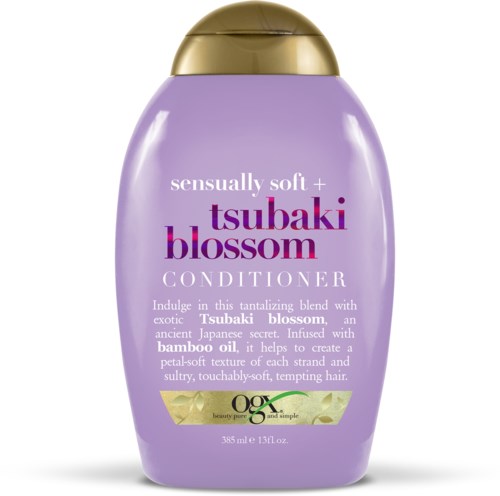 En lila flaska med guldlock, märkt som Tsubaki Blossom Conditioner, har text om japanska hemligheter och bambuolja.