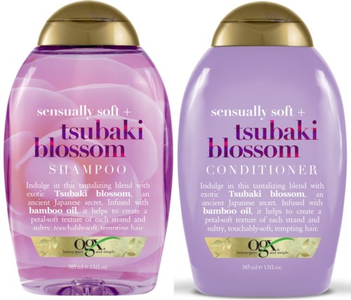Två flaskor av Tsubaki Blossom schampo och balsam med lila och guldlock, rosa och lila etiketter.