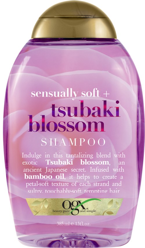 En lilla sjampo flaske med gullkork, merket 'Tsubaki Blossom' og 'Sensually Soft +'.