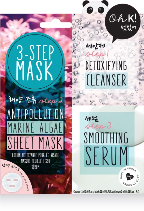Ett trestegs hudvårdsset med mask, serum och rengöringsmedel med panda och bubblig design.