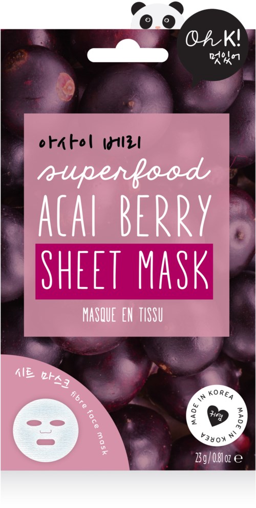 En förpackning för ansiktsmask med bilder av druvor och text om acai berry superfood mask, tillverkad i Korea.