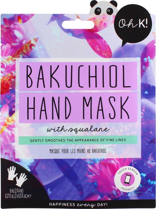 Förpackningen har rosa och lila blommor, en panda-illustration och text om en handmask med aloe vera.