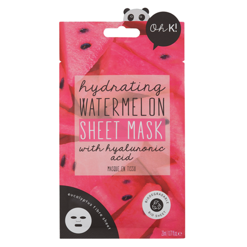 Pink förpackning med vattenmelonbitar, pandabild och text om ansiktsmask med hyaluronsyra.