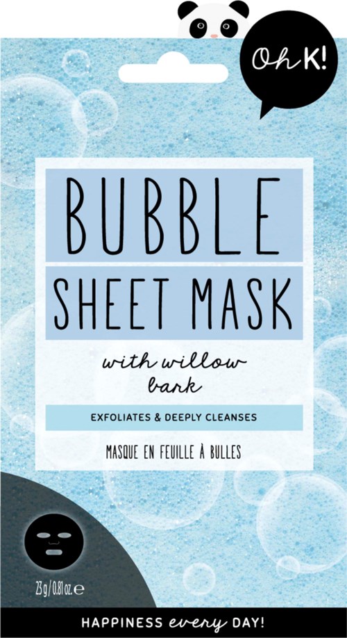 Blå och svart förpackning för ett bubbelliknande ansiktsmask med en panda-logga, nämner exfoliering och djup rengöring.