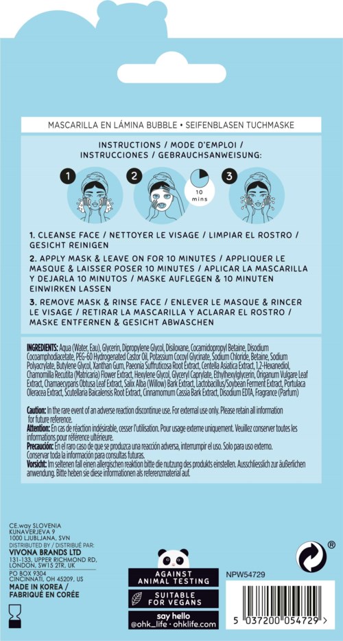 Tydliga instruktioner för att applicera, lämna på och ta bort ansiktsmask på flera språk. Passar för veganer.
