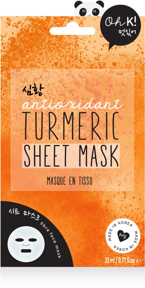 Orange förpackning med svart och vitt text för ett gurkmejbladmask, med en panda logo och en ansiktsillustration.