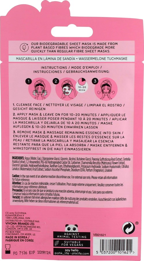 Pink packaging for a biodegradable sheet mask with instructions and a logo at the bottom.