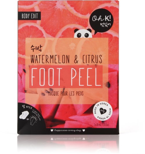 En kartong för fotpeeling med doft av vattenmelon och citrus, i rosa, orange och svart färg med pandalogo och produktinformation.