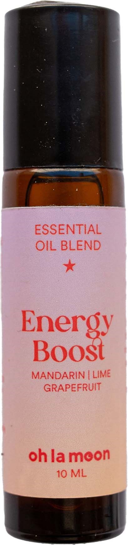 Mała butelka z opisem 'Energy Boost' z zapachem mandarynki, limonki i grejpfruta, 10 ml, czarna nakrętka.