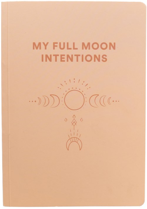 Różowy notes z diagramem faz księżyca i tytułem 'My Full Moon Intentions'.