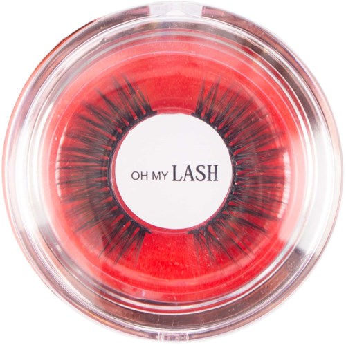 A round case holding false eyelashes with red packaging, reading "OH MY LASH" in the center.