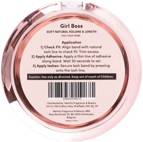 A cosmetic product label for Girl Boss eyelash adhesive, showing instructions, caution, and barcode on a round container.