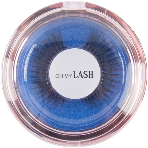 Ett runt behållare med blå ögonfransar och texten "OH MY LASH."