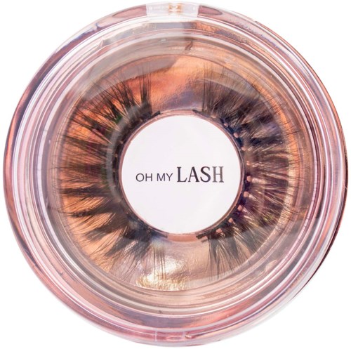 En rund plastlåda med konstgjorda fransar och texten "OH MY LASH" i mitten.