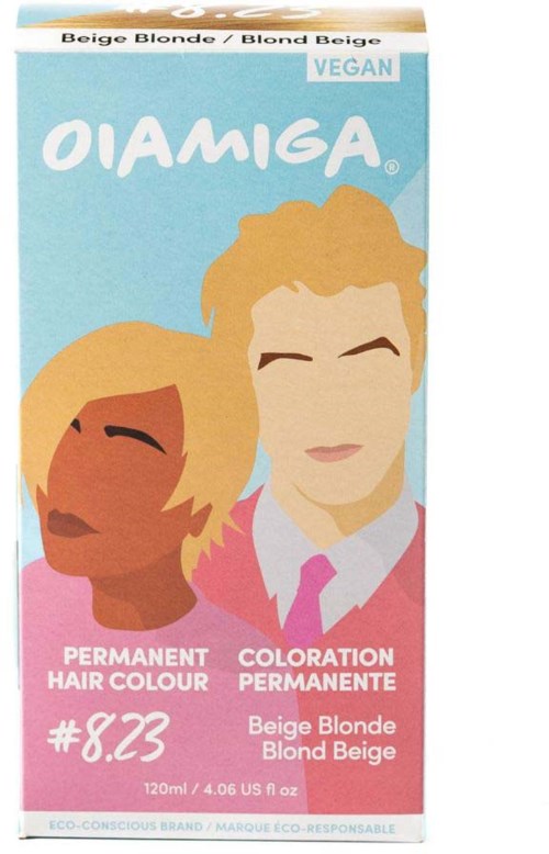 Vegan hårfärg i beige blond, visar två illustrerade personer med olika hudtoner och hårfärger.