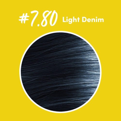 Det er en hårfarge sirkel merket Light Denim med nummer 7.80 på en gul bakgrunn.