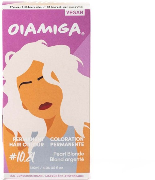 Vegan hårfärg förpackning med en illustration av en kvinna med vitt hår. Den nämner permanent färg för blont hår.