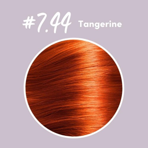 En sirkel viser oransje hår, med tekst som indikerer at det er nyanse #7.94, Tangerine.