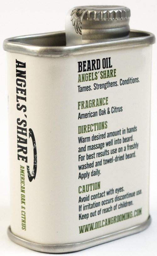A metal container labeled for beard oil, with instructions for use and fragrance details. It also mentions a brand and caution.
