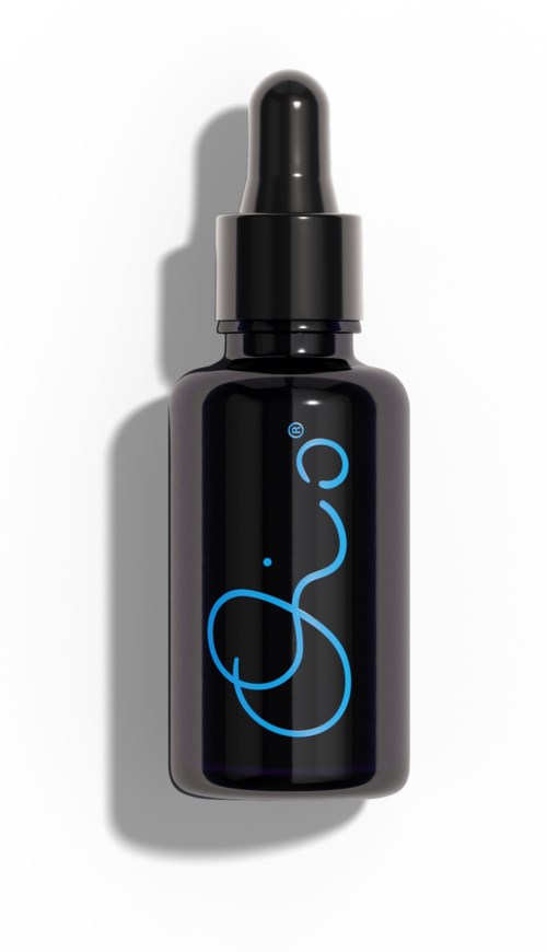 Black dropper bottle with a blue logo, shadow, white background.
