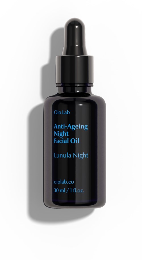 A dark bottle with a dropper cap, labeled 'OioLab Anti-Ageing Night Facial Oil, Lunula Night.'