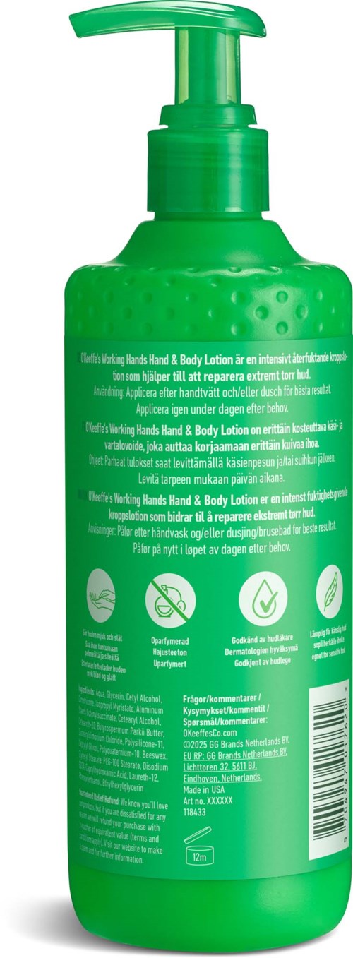 Vihreä pullo, jossa pumppu, käsien ja kehon pesuun, ohjeet ja kuvakkeet käsienpesuun ja kosteuttamiseen.