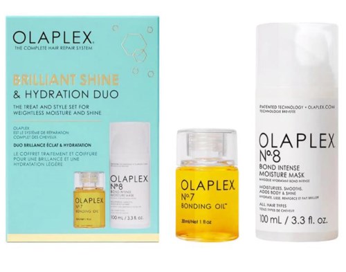 Olaplex hårvårdsprodukter, inklusive ett glans- och återfuktningsset, en bindningsolja och en återfuktningsmask.