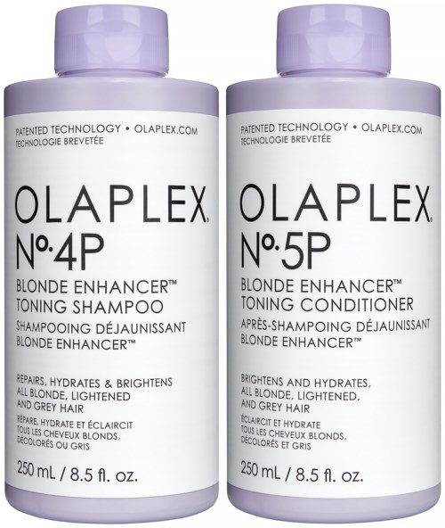 To flasker med Olaplex hårpleieprodukter, en for blondt og en for balsam, med etiketter som viser deres formål.