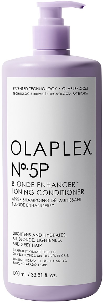 En lys lilla flaske med pumpe, merket Olaplex No. 5P Blonde Enhancer Toning Conditioner, for hårpleie.