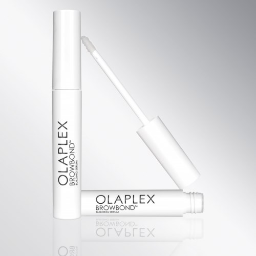 A white bottle labeled 'Olaplex Brow Bond' next to a curved brush. The background is light gray.