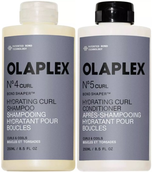 Två flaskor Olaplex hårprodukter, märkta för lockar, inklusive schampo och balsam, vardera 250ml.