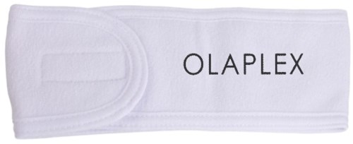 Vit tygband med svart text som säger "OLAPLEX".
