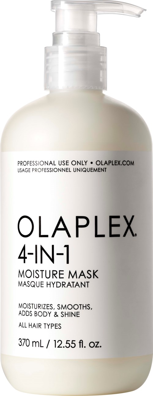En vit flarra med pump med Olaplex 4-i-1 Moisture Mask för alla hårtyper som sägs återfukta och ge glans.