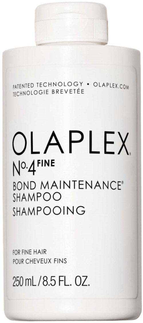Hvid flaske med Olaplex No. 4 bond maintenance shampoo med sort tekst. Indeholder 250 ml til fint hår.